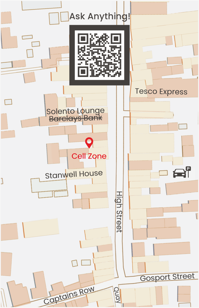 Cell Zone Location Map - 16 High Street, Lymington with QR code and nearby landmarks